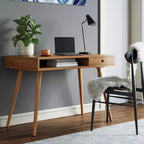 Bureau scandinave avec tiroir Acacia Marron clair : Plateau MDF, Pieds en bois massif, Meuble de bureau