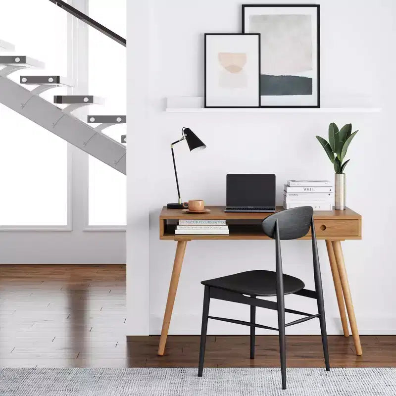 Bureau scandinave avec tiroir Acacia Marron clair : Plateau MDF, Pieds en bois massif, Meuble de bureau