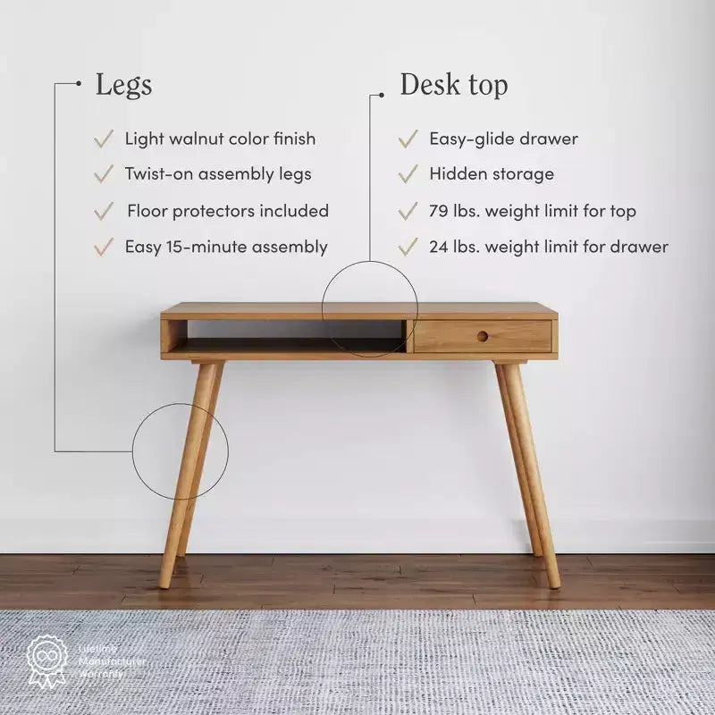 Bureau scandinave avec tiroir Acacia Marron clair : Plateau MDF, Pieds en bois massif, Meuble de bureau