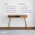 Bureau scandinave avec tiroir Acacia Marron clair : Plateau MDF, Pieds en bois massif, Meuble de bureau