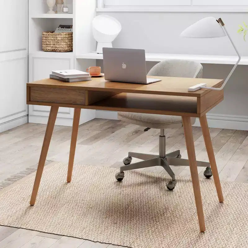 Bureau scandinave avec tiroir Acacia Marron clair : Plateau MDF, Pieds en bois massif, Meuble de bureau