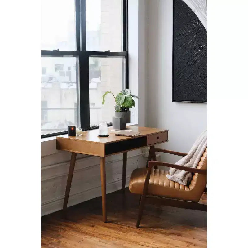 Bureau scandinave avec tiroir Acacia Marron clair : Plateau MDF, Pieds en bois massif, Meuble de bureau