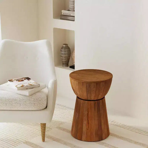 Table d'appoint ronde en bois de 40 cm, noyer : Fabrication artisanale, Manguier, Aucun assemblage requis