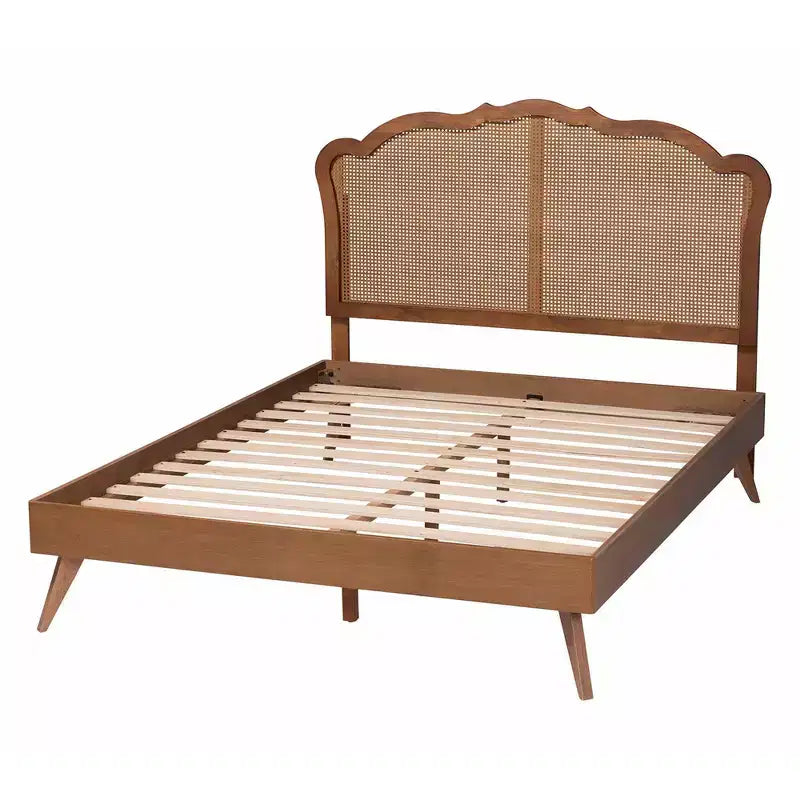 Lit plateforme Queen en bois de noyer et rotin brun