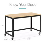 Bureau mobile en métal de 122 cm de large pour bureau à domicile avec plateau en érable