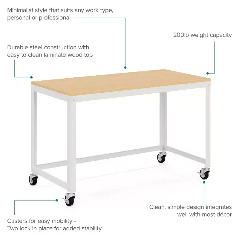 Bureau mobile en métal de 122 cm de large pour bureau à domicile avec plateau en érable
