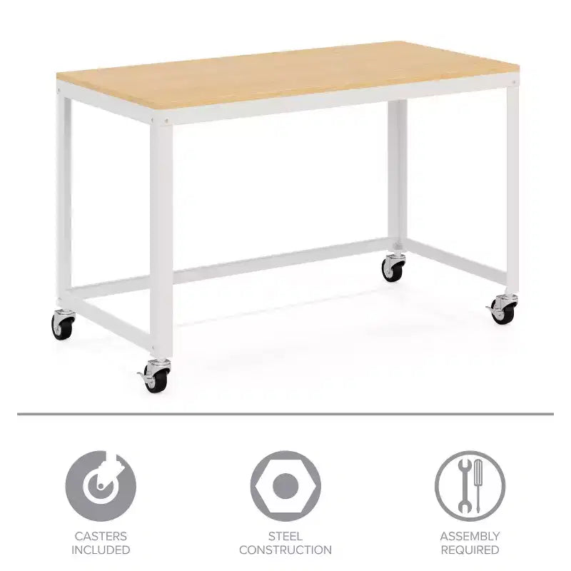 Bureau mobile en métal de 122 cm de large pour bureau à domicile avec plateau en érable