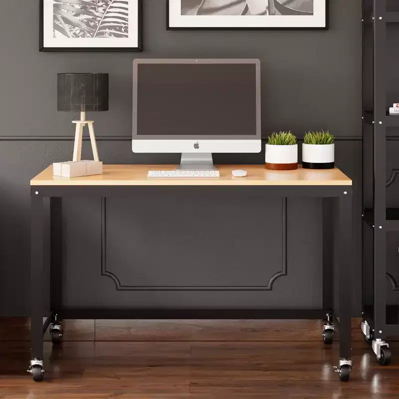 Bureau mobile en métal de 122 cm de large pour bureau à domicile avec plateau en érable