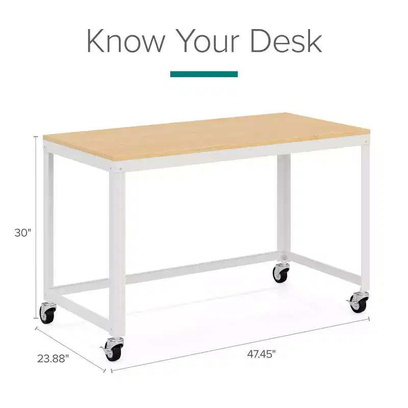 Bureau mobile en métal de 122 cm de large pour bureau à domicile avec plateau en érable