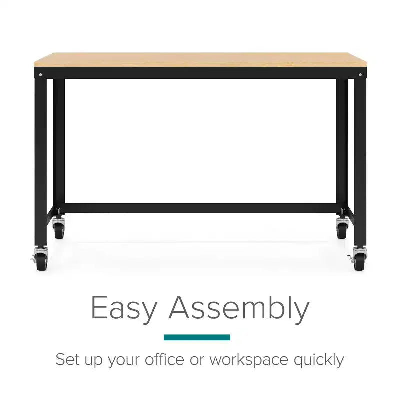 Bureau mobile en métal de 122 cm de large pour bureau à domicile avec plateau en érable