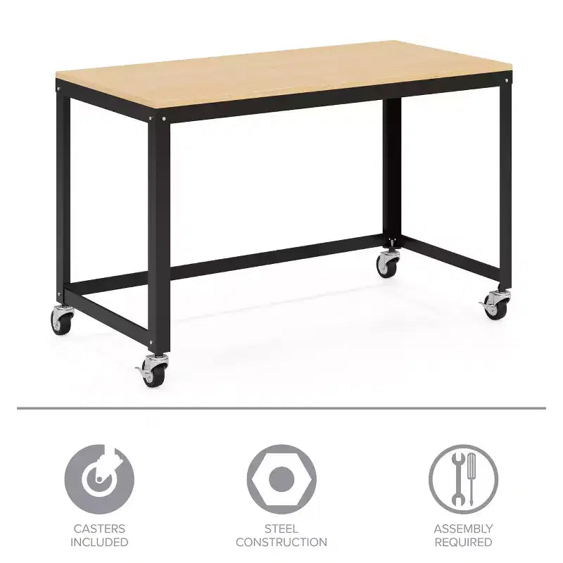 Bureau mobile en métal de 122 cm de large pour bureau à domicile avec plateau en érable