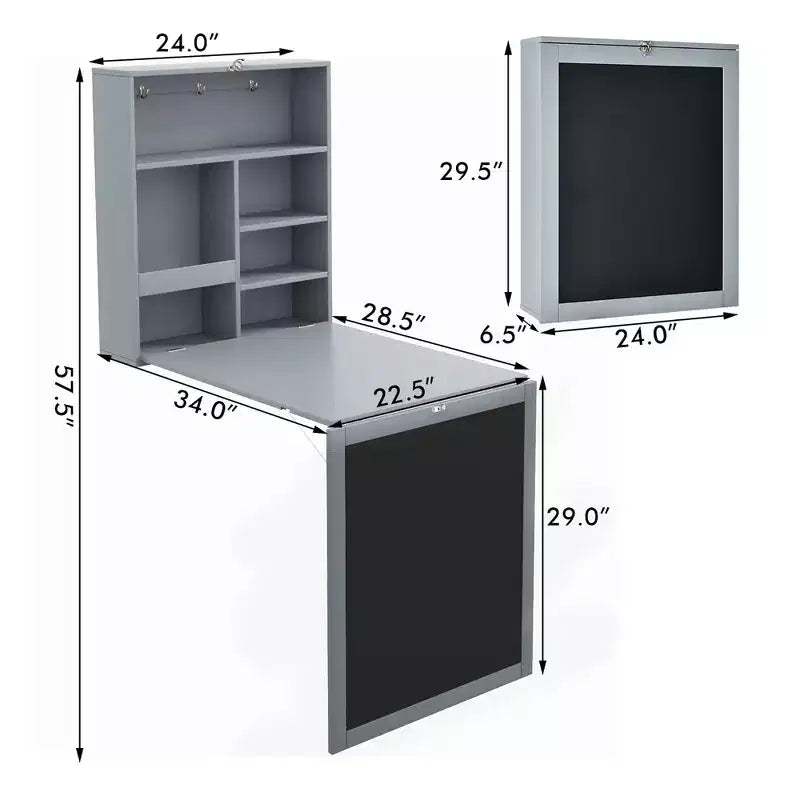 Table murale rabattable convertible en bureau avec tableau noir/ardoise Noir/Marron/Blanc/Gris