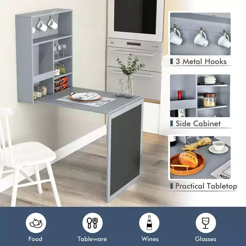 Table murale rabattable convertible en bureau avec tableau noir/ardoise Noir/Marron/Blanc/Gris