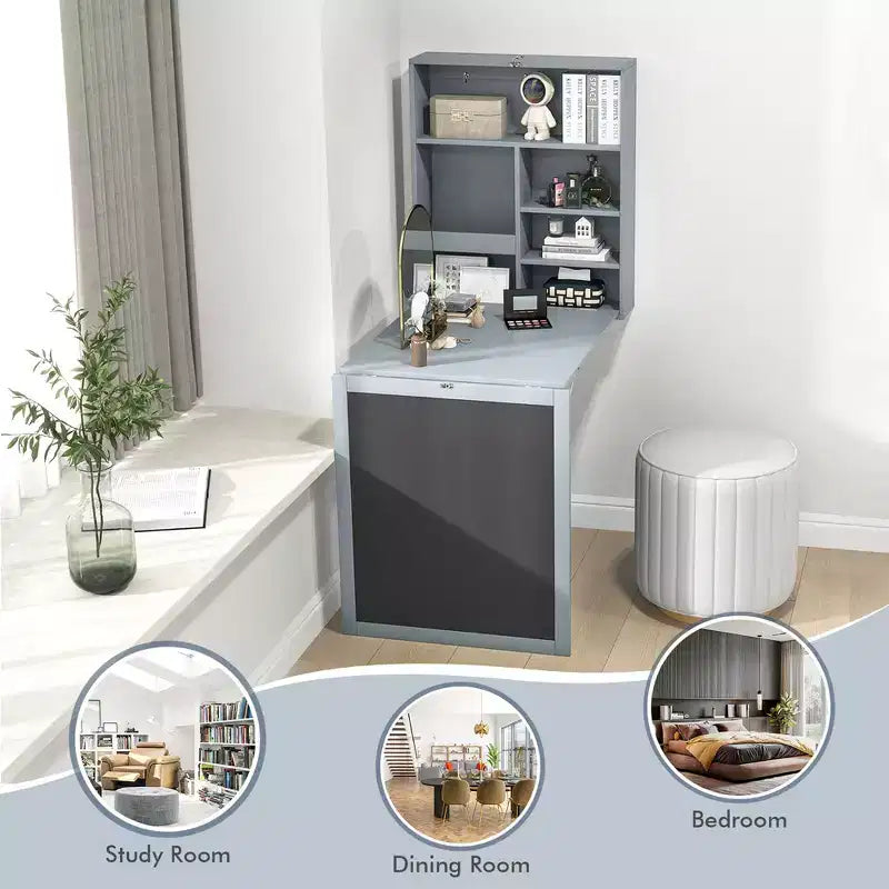 Table murale rabattable convertible en bureau avec tableau noir/ardoise Noir/Marron/Blanc/Gris