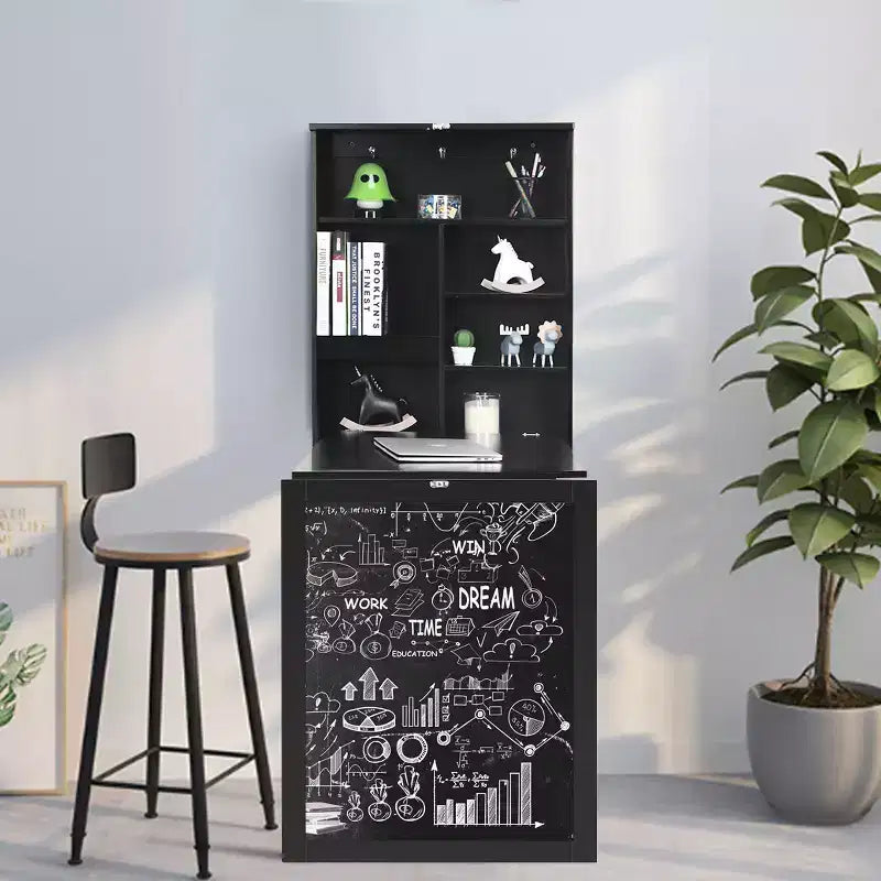 Table murale rabattable convertible en bureau avec tableau noir/ardoise Noir/Marron/Blanc/Gris