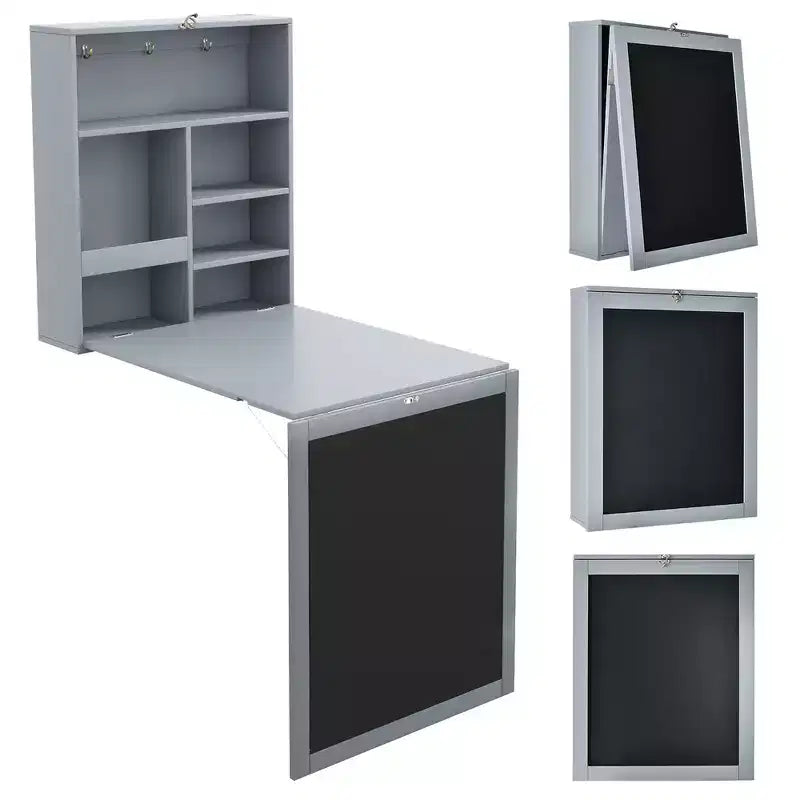 Table murale rabattable convertible en bureau avec tableau noir/ardoise Noir/Marron/Blanc/Gris