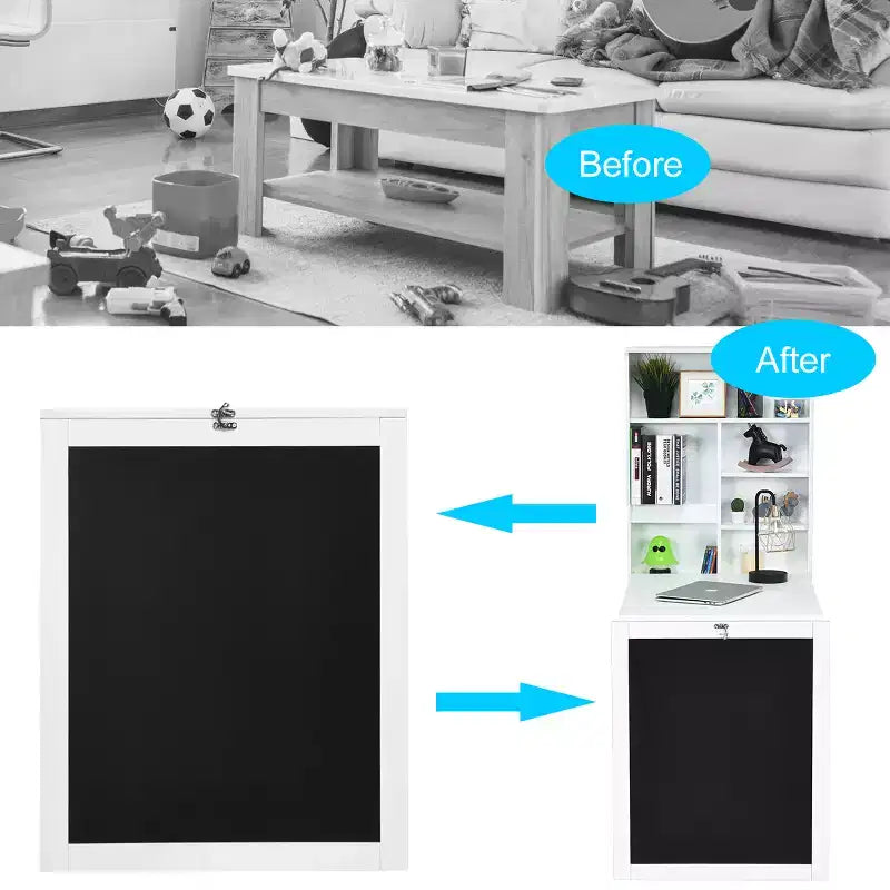 Table murale rabattable convertible en bureau avec tableau noir/ardoise Noir/Marron/Blanc/Gris