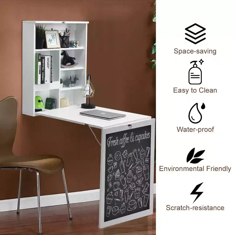 Table murale rabattable convertible en bureau avec tableau noir/ardoise Noir/Marron/Blanc/Gris