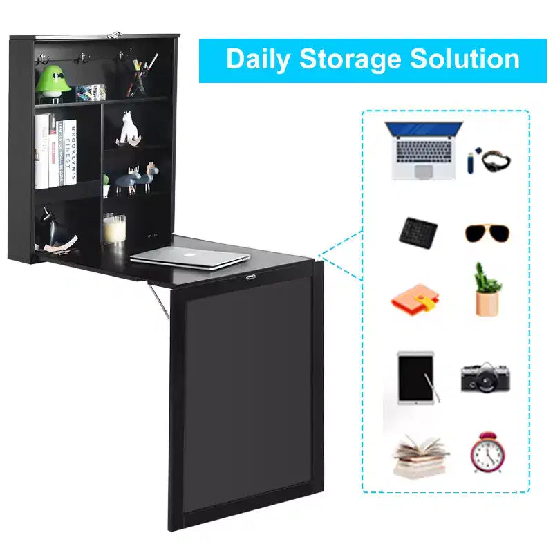 Table murale rabattable convertible en bureau avec tableau noir/ardoise Noir/Marron/Blanc/Gris