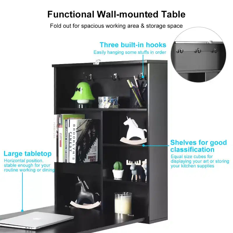 Table murale rabattable convertible en bureau avec tableau noir/ardoise Noir/Marron/Blanc/Gris