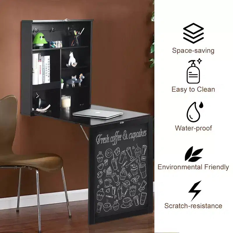 Table murale rabattable convertible en bureau avec tableau noir/ardoise Noir/Marron/Blanc/Gris