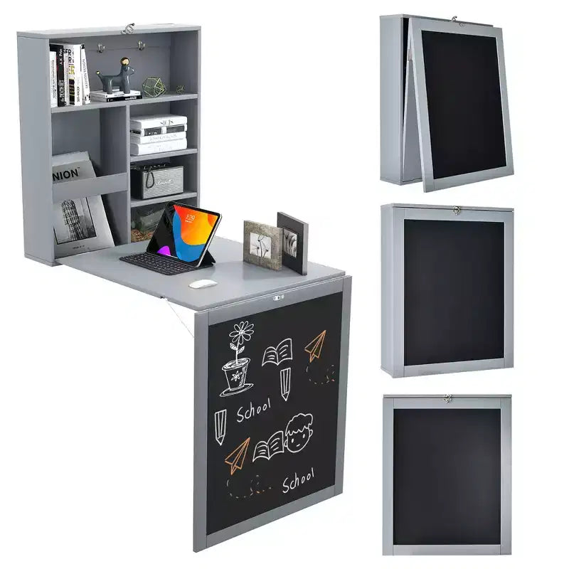 Table murale rabattable convertible en bureau avec tableau noir/ardoise Noir/Marron/Blanc/Gris