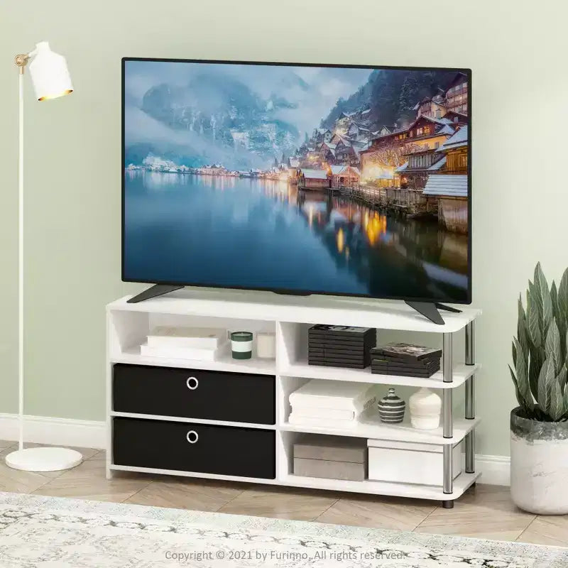 Furinno Simple Design TV Stand Entertainment Center Hold up to 50 TV with Storage Shelves & 2 Bins,White Oak