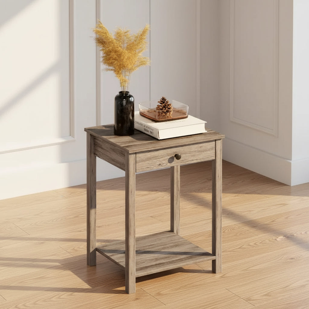 Table d'appoint de canapé Mid-Century avec tiroir et étagère ouverte, chêne rustique