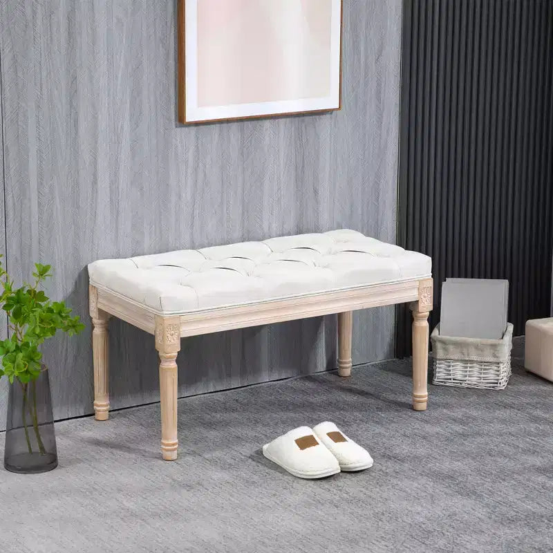 Banc français vintage de bout de lit, banc rembourré en lin avec siège épais rembourré et pieds en bois, banc de chambre capitonné
