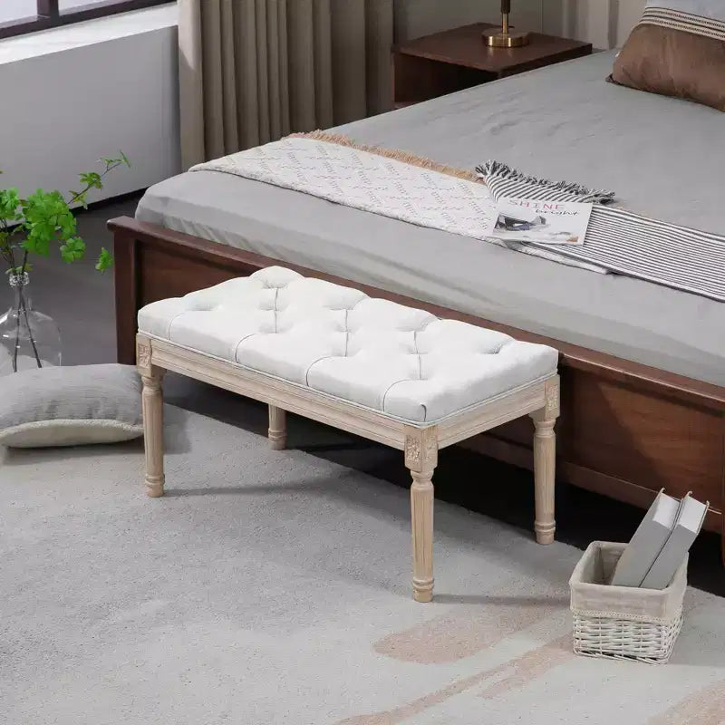 Banc français vintage de bout de lit, banc rembourré en lin avec siège épais rembourré et pieds en bois, banc de chambre capitonné