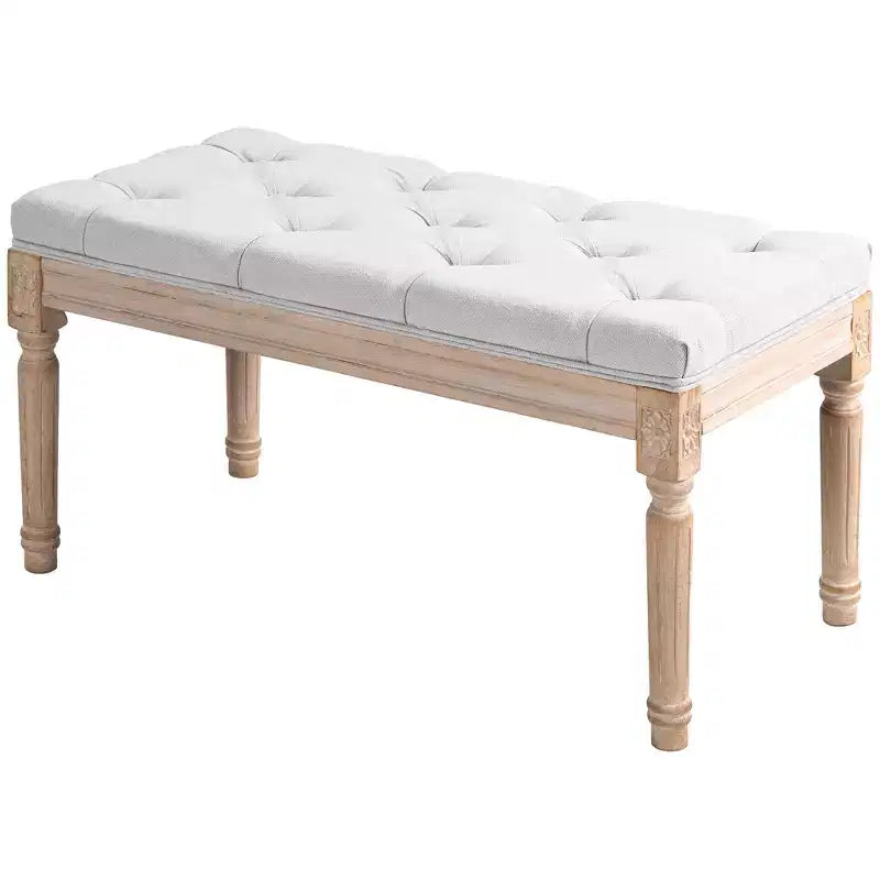 Banc français vintage de bout de lit, banc rembourré en lin avec siège épais rembourré et pieds en bois, banc de chambre capitonné