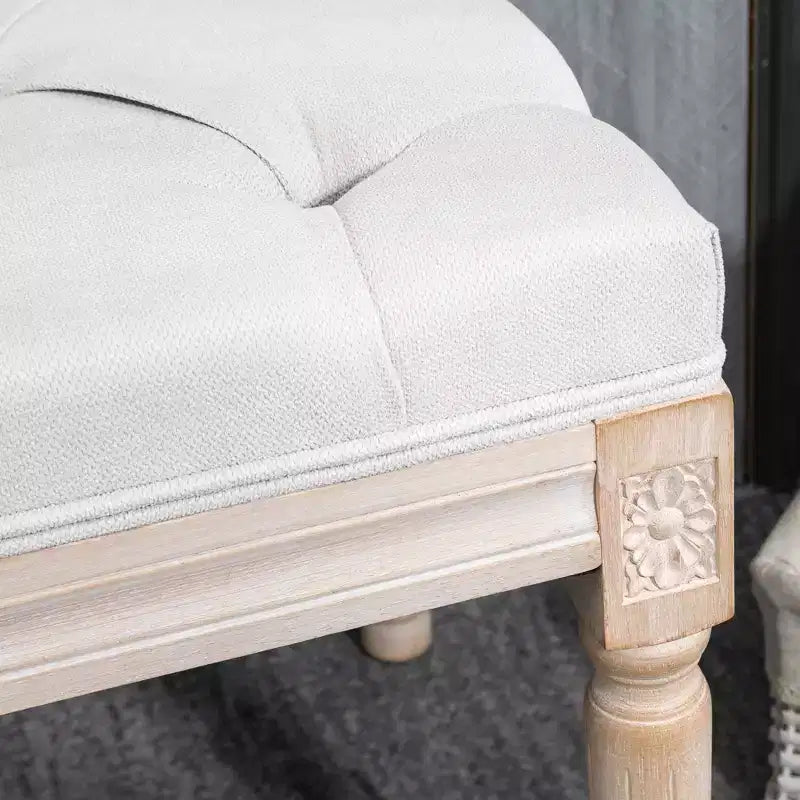 Banc français vintage de bout de lit, banc rembourré en lin avec siège épais rembourré et pieds en bois, banc de chambre capitonné
