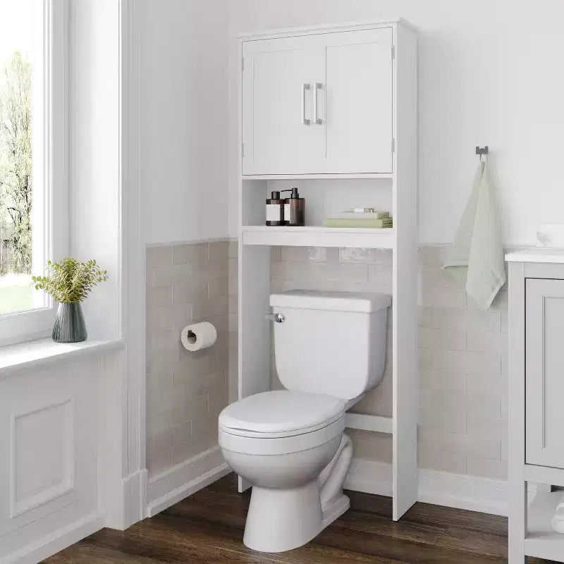 Meuble de rangement de salle de bain au-dessus des toilettes avec portes à fermeture magnétique, étagère réglable et étagère inférieure ouverte