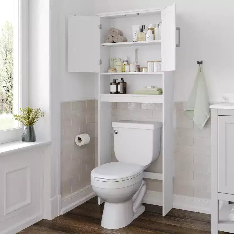 Meuble de rangement de salle de bain au-dessus des toilettes avec portes à fermeture magnétique, étagère réglable et étagère inférieure ouverte