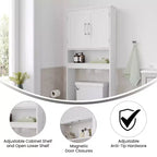 Meuble de rangement de salle de bain au-dessus des toilettes avec portes à fermeture magnétique, étagère réglable et étagère inférieure ouverte