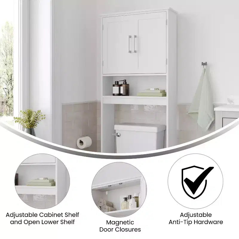 Meuble de rangement de salle de bain au-dessus des toilettes avec portes à fermeture magnétique, étagère réglable et étagère inférieure ouverte