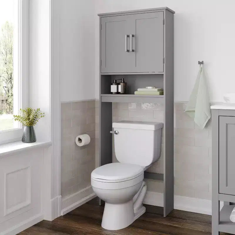 Meuble de rangement de salle de bain au-dessus des toilettes avec portes à fermeture magnétique, étagère réglable et étagère inférieure ouverte