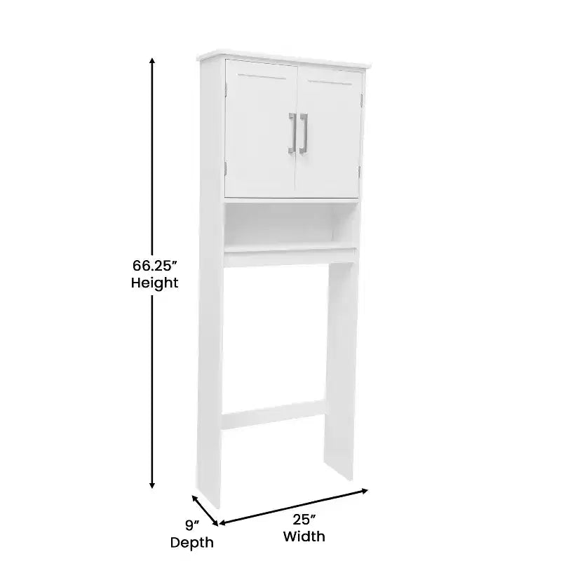 Meuble de rangement de salle de bain au-dessus des toilettes avec portes à fermeture magnétique, étagère réglable et étagère inférieure ouverte