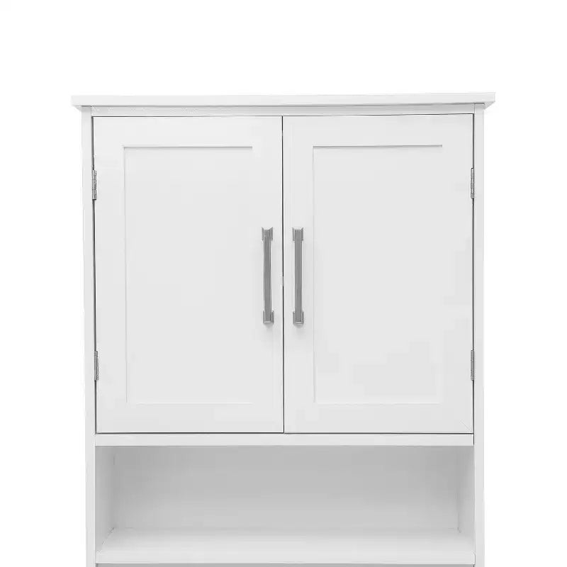 Meuble de rangement de salle de bain au-dessus des toilettes avec portes à fermeture magnétique, étagère réglable et étagère inférieure ouverte