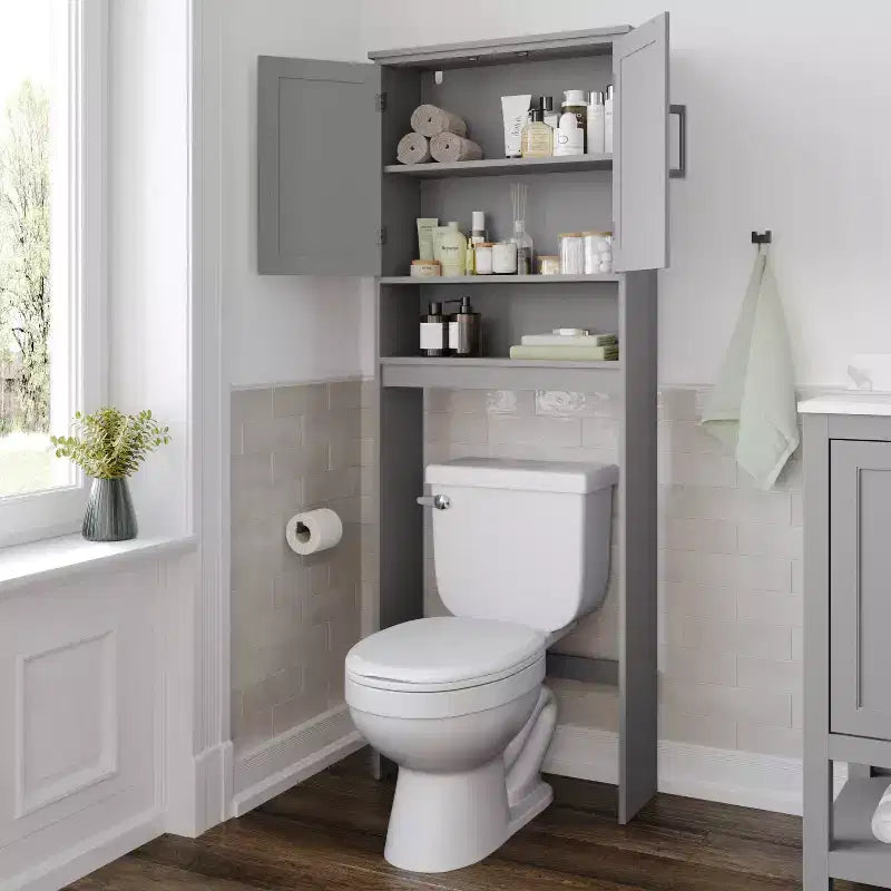 Meuble de rangement de salle de bain au-dessus des toilettes avec portes à fermeture magnétique, étagère réglable et étagère inférieure ouverte