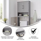 Meuble de rangement de salle de bain au-dessus des toilettes avec portes à fermeture magnétique, étagère réglable et étagère inférieure ouverte