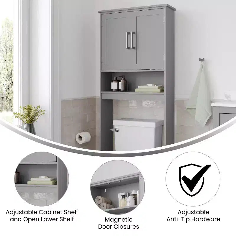 Meuble de rangement de salle de bain au-dessus des toilettes avec portes à fermeture magnétique, étagère réglable et étagère inférieure ouverte