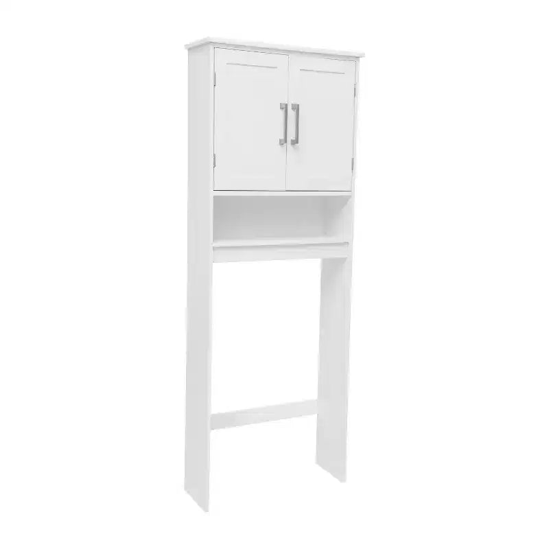 Meuble de rangement de salle de bain au-dessus des toilettes avec portes à fermeture magnétique, étagère réglable et étagère inférieure ouverte