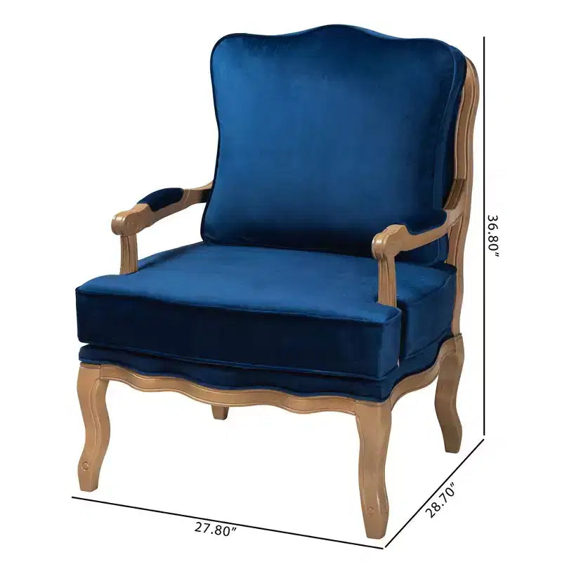 Fauteuil d'appoint avec tissu traditionnel bleu marine et accents en bois de chêne français