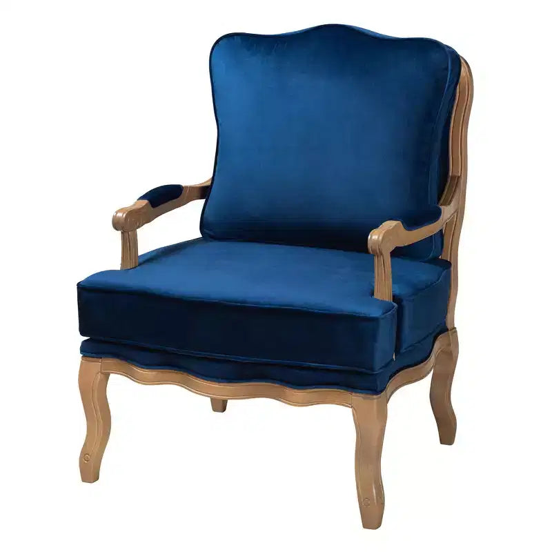 Fauteuil d'appoint avec tissu traditionnel bleu marine et accents en bois de chêne français