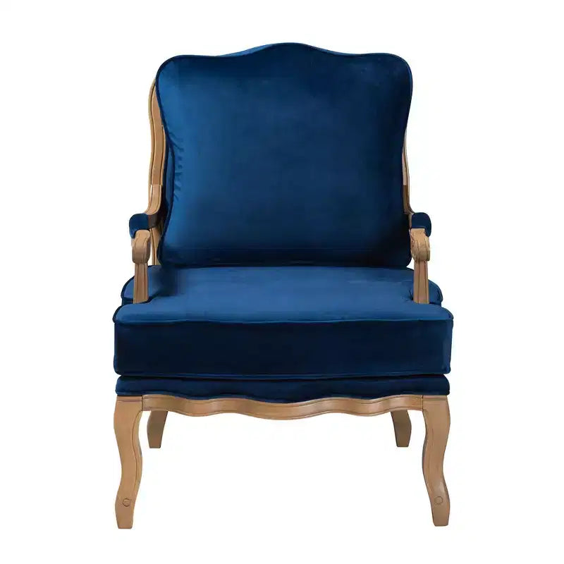 Fauteuil d'appoint avec tissu traditionnel bleu marine et accents en bois de chêne français