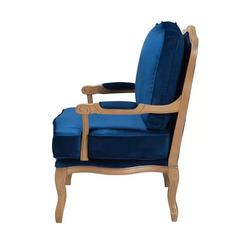Fauteuil d'appoint avec tissu traditionnel bleu marine et accents en bois de chêne français