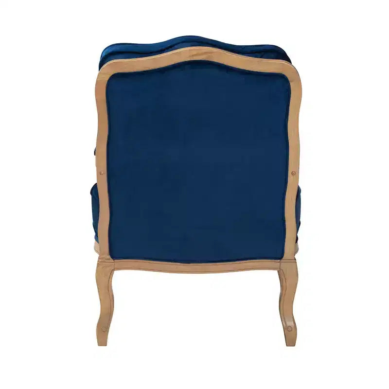 Fauteuil d'appoint avec tissu traditionnel bleu marine et accents en bois de chêne français