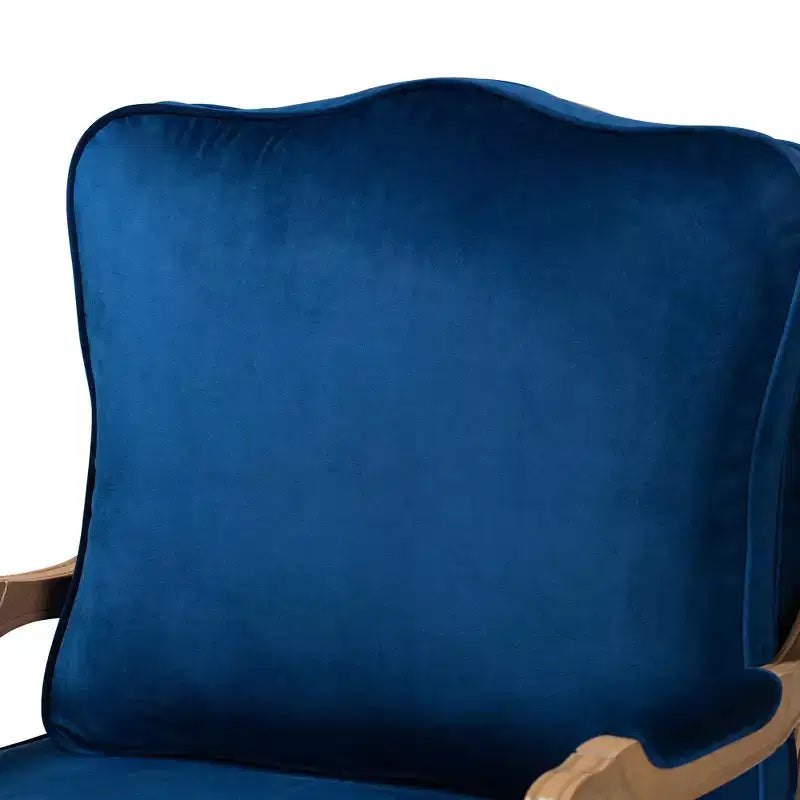 Fauteuil d'appoint avec tissu traditionnel bleu marine et accents en bois de chêne français