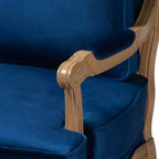 Fauteuil d'appoint avec tissu traditionnel bleu marine et accents en bois de chêne français